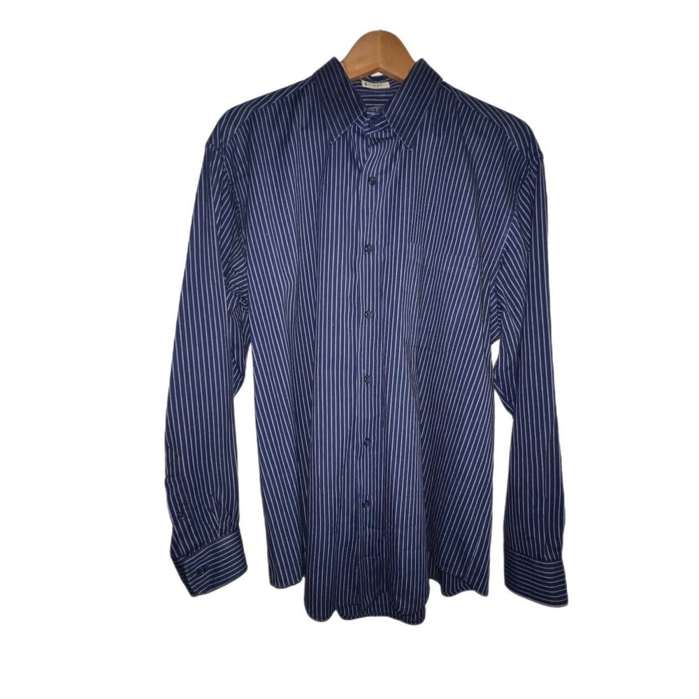 Men’s L’Homme Navy Blue and Gray Striped Dress Shirt 16-161/2 Cotton Honduras LG